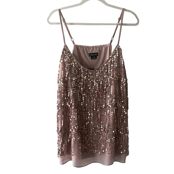 City Chic Sequined Fringe Chiffon Spaghetti Strap Top Mocha Size 16 - Picture 2 of 7